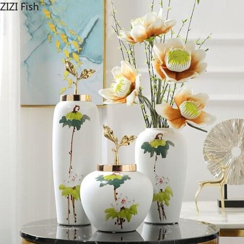 Classic Ceramics Vase Golden Leaves Decorative Flower Arrangement Crafts Home Decoration Modern Floral Pattern Porcelain Vases