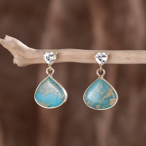 Cute Natural Stone Zircon Pave Heart Pin Blue TearDrop Earrings