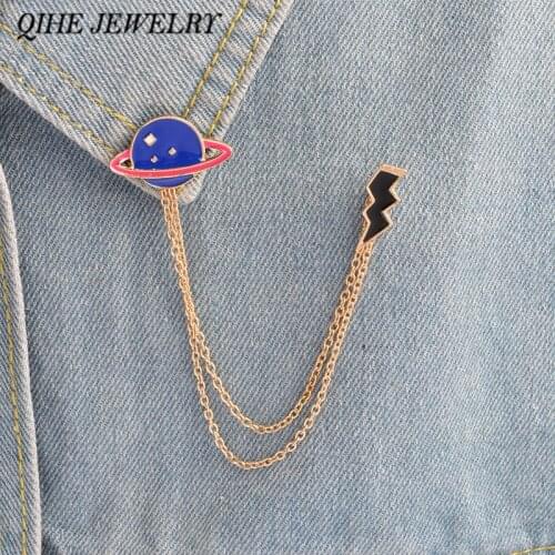 QIHE JEWELRY Moon Space Universe Solar System Lightning Charm Tassel Collar Pin Brooches Men Women Unisex Jewelry Wholesale