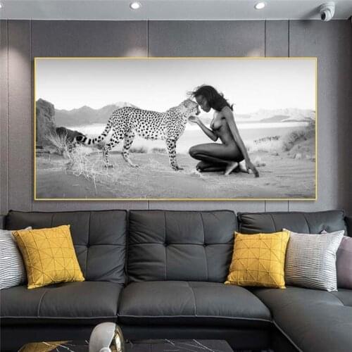 Black and White Landscape Posters and Print Wall Art Canvas Painting Snow Leopard and Nude Women Picture for Living Room Cuadros