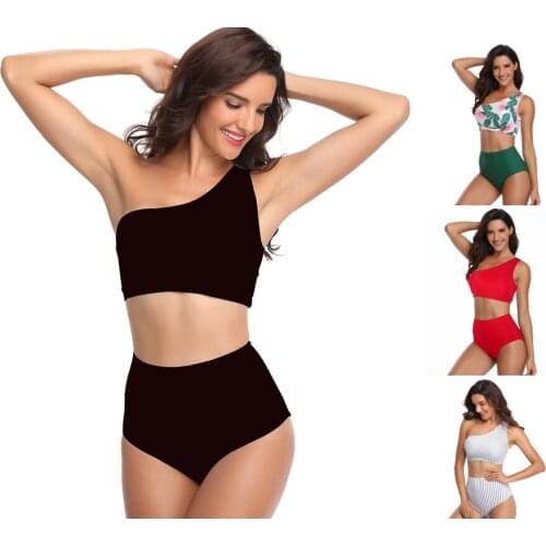 New One Shoulder swimwear printed multicolor bikini split swimsuit sexy High WaistWomen Bikini off-shoulder bathing suit