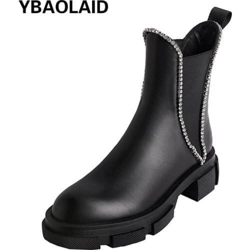 Autumn New Style Round Head Rhinestone Chain Medium Thick Heel Chelsea Boots Solid Color Elastic Sleeve Thick Soled Ankle Boots