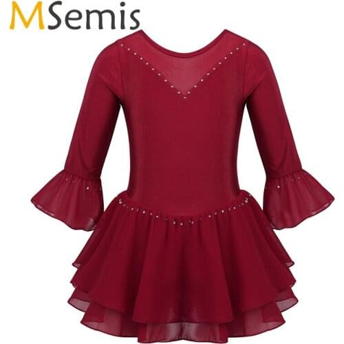 Teens Girls Ice Skating Dress Ballet Leotard Dance Dress Kid Shiny 3/4 Flare Sleeves Mesh Splice Rhinestone Figure Skating Dress