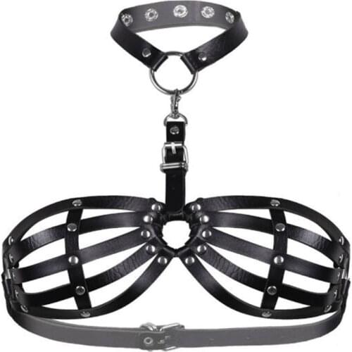 Black Faux Leather Harness Belts for Women Chain Body Hot Sexy Chest Caged Crop Top Bra Punk Gothic Rave Costume Bondage Belt