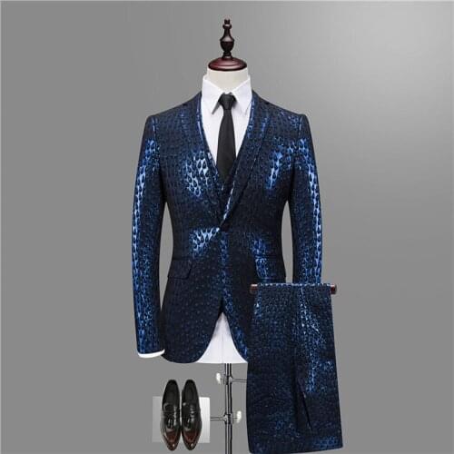 Luxury Baroque Suit Gold Blue Tuxedo Jacket+vest+pant Smoking Homme Costume Mariage Homme Party Wedding Stage Clothing 3XL
