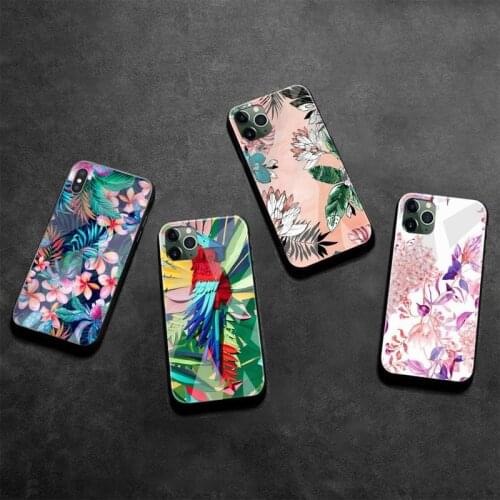 Tropical Jungle Birds Silicone Black Phone Case Tempered Glass For iPhone 11 Pro XR XS MAX 8 X 7 6S 6 Plus SE 2020 case