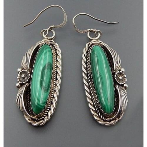 Vintage Boho Green Stone Dangle Earrings for Women Classic Ethnic Carving Flower Hook Earrings Ancient Silver Color Jewelry Gift