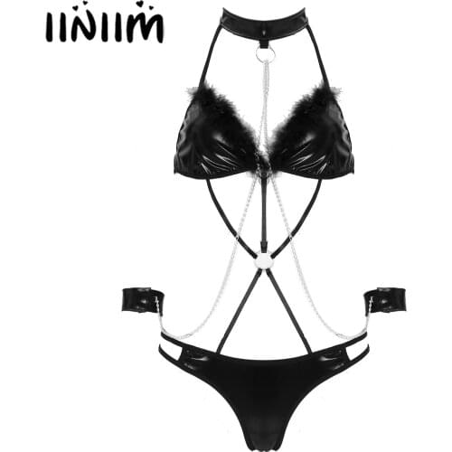 Womens Feather Trimming Patent Leather Metal Chain Decor Lingerie Set Halter Lace-up Strappy Bodysuit Leotard with Wristband