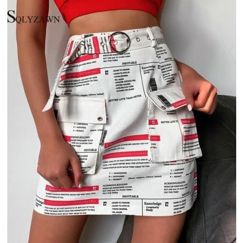 2020 Newspaper Print Skirts Womens Harajuku High Waist Skirt Casual Big Pocket Korean Sweat Short Summer Mini Skirts with Belt