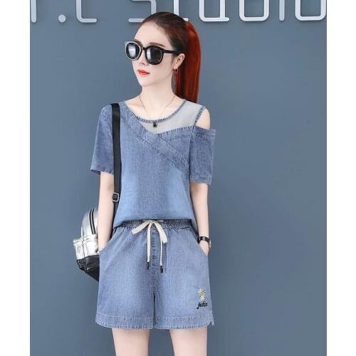 Womens Two Piece Set 2021 New Summer Clothes Fashion Korean Hooded Crop Top Loose Casual Cycling Denim Shorts Outfits For Women
