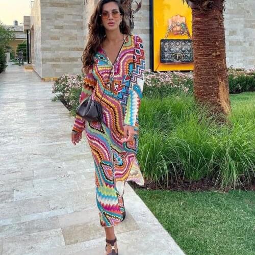 Summer Women Beach Style Color Print Casual Slim Long Dress Female V Neck Split Vintage Ladies Long Sleeve Dress
