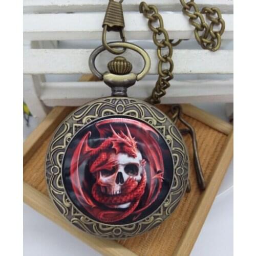 Vintage bronze silver skull pocket watch necklace and mans chain gifts wholesale good quality