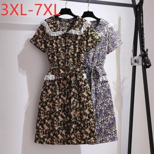 New 2021 Ladies Summer Plus Size Midi Dress For Women Large Short sleeve Loose Lace Floral Print Belt Dress 3XL 4XL 5XL 6XL 7XL