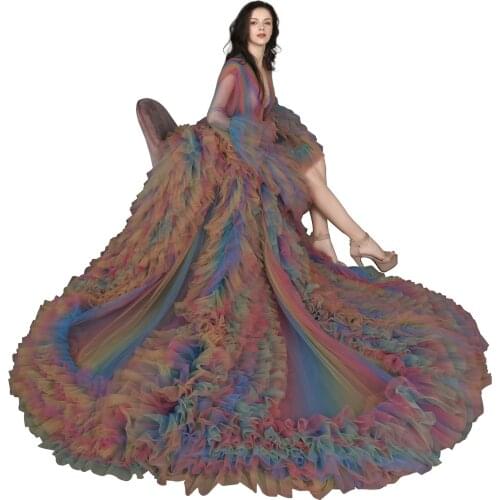 Real Images Colorful Evening Dresses Robes for Photo Shoot Baby Shower Long Sleeves Ruffle Women Dress Photography Robe