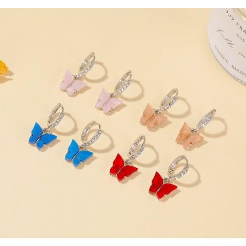 12 Pairs/Lot Butterfly Drop Earring Jewelry Crystal Circle Silver Color Colorful Acrylic Earring Rhinestone Dangle Charm Eardrop