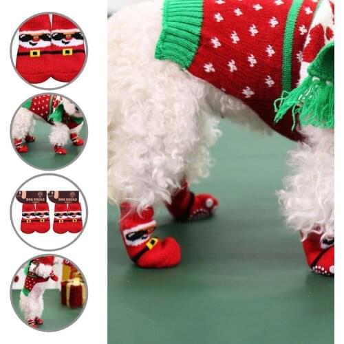 Unisex 4Pcs Easy to Wash Puppy Winter Paw Protector Shoes Fashion Pet Shoes Santa Claus Design Pet Supplies
