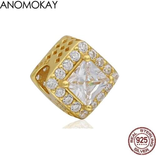 Anomokay Classic Gold Color Openwork Square Charm fit Bracelet & Bangle Full of White Crystal 925 Silver Beads for Diy Jewelry
