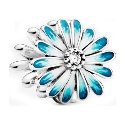 Free Shipping Authentic 925 Sterling Silver Blue Daisy Charm Fit Original Pandora Bracelet For Women DIY Jewelry S925 Beads