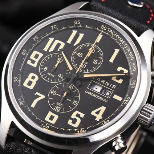 Parnis 43mm Mens Watch Quartz Analogue Chronograph Military Pilot Watch Diving Watch 100m Waterproof Calendar Wristwatch Mens