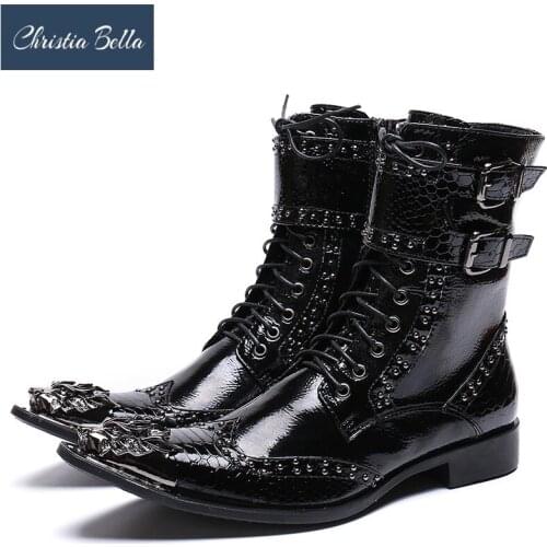 Christia Bella Winter Metal Pointed Toe Men Boots Rivets Real Leather Men Motorcycle Boots Black Lace Up Short Boots