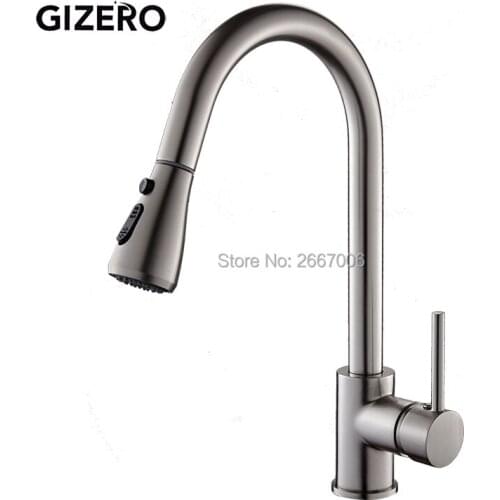 GIZERO Free Shipping New Coming Nickle Brushed Faucet Pull Out Single Handle Sprayer Swivel Kitchen Sink Waterfall Tap GI2080