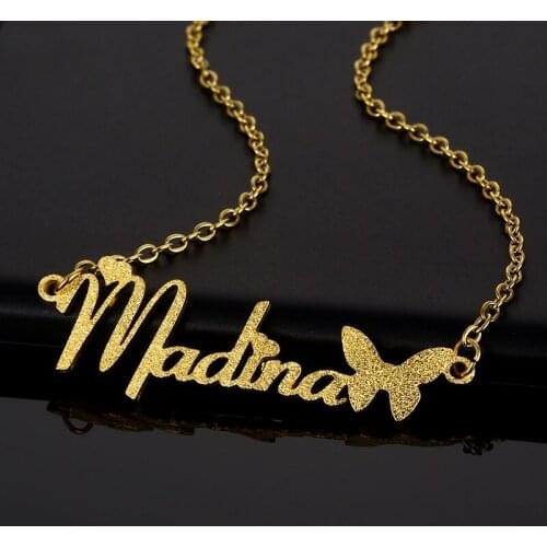 Custom Name Necklace with Butterfly Gold Stainless Steel Chain Frosted Personalized Pendant for Women Girls Jewelry Gift