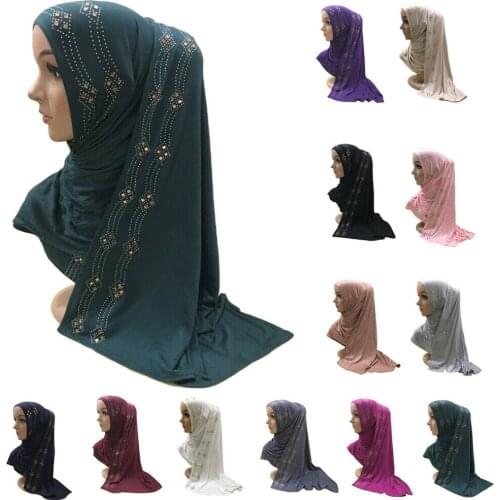 Fashion Women Plain Cotton Scarf Shawl Muslim Hijab Head Wrap Rhinestones Headscarf Arab Islamic Scarves Arab Stole 160*50cm