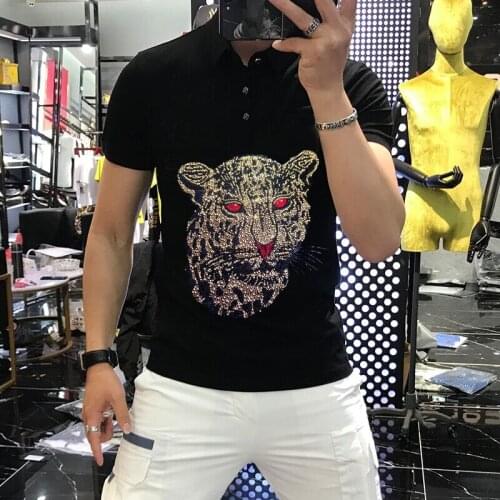 Mens Lapel Short-Sleeved Premium Trends Shirt Rhinestone Travel Holiday Leisure Polo Party Lndustry Leopard Luxury Design