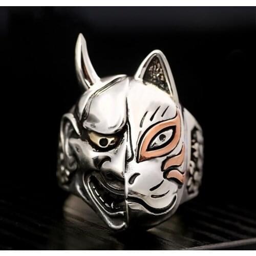Milangirl Fashion Vintage Pop Japanese Prajna Mask Hip Hop Rock Punk Metal Personality Ring for Men Women Asymmetry Rings