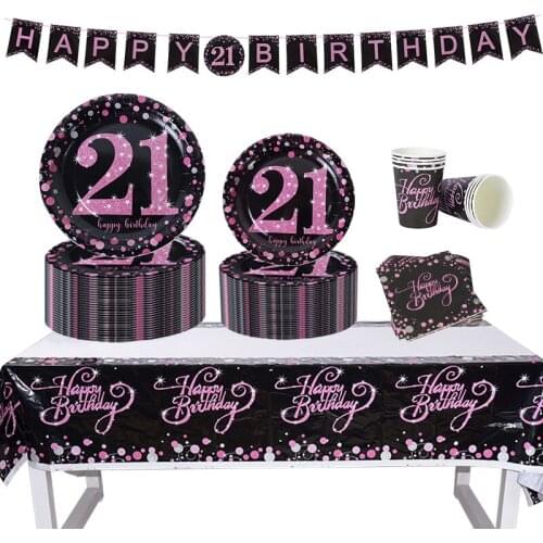 Happy Birthday Disposable Tableware Set Paper Cup Plate Napkins Black Pink 21 30 40 Year Old Anniversary Birthday Party Supplies