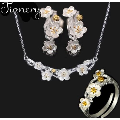 New Arrivals Fashion Plum Blossom Flower Necklaces Pendant Rings Jewelry Sets for Women Wedding Statement Jewelry