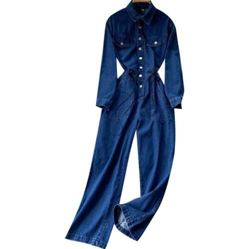2021 Spring And Autumn New Denim Jumpsuit Womens Suit High-waisted Thin Temperament Tooling Wide-leg Jumpsuit Trend