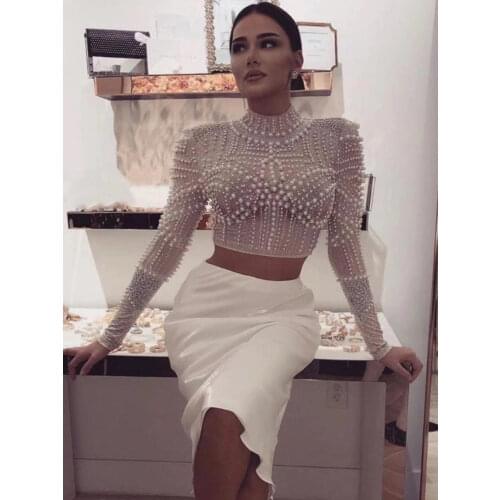 New Arrival Women Sexy Designer Beading Mesh Long Sleeve T-Shirts Ladies Designer Tees Tops