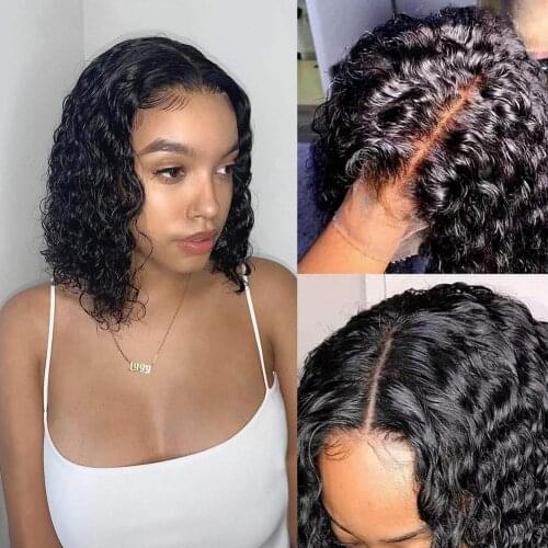 4X4 Black Lace Closure BOB Wigs Short Water Wave 4X4 Transparent Lace Wig Pre-Plucked 100% Brazilian Huamn Hair Beauty Queen