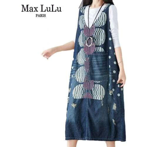 Max LuLu European Luxury Designer Spring Female Denim Sleeveless Dress Womens Vintage Vest Dress Female Elagant Printed Vestidos