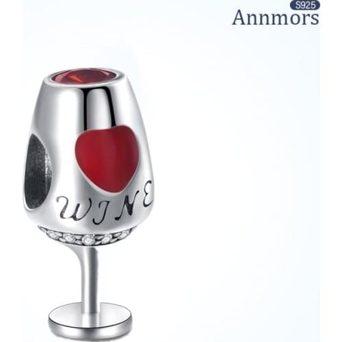 100% Real 925 Sterling Silver Red Wine Glass Pendant Fits Pandora Bracelets Necklaces Red Crysta Jewelry DIY Making Charms Beads