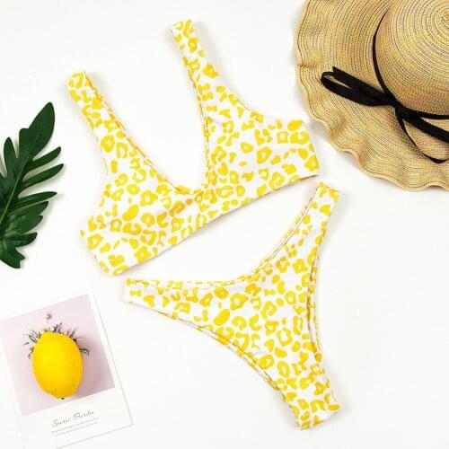 Sexy Bikini 2020 Mujer Women Solid Yellow Leopard Cut Out Micro Swimwear Summer Bathers Bathing Suit Thong Swimsuit Biquini