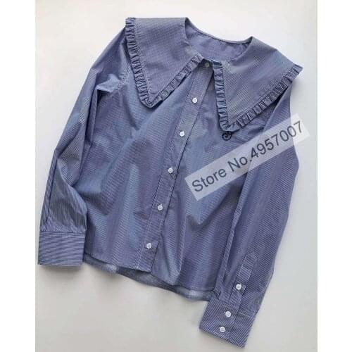 Women Long Sleeve Doll Collar Embroidery Contrast Striped Blouse Shirt Top
