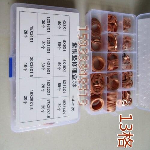410Pcs Solid Copper Washer M4-M20 Flat Ring Sump Plug Oil Seal Assorted Set Box