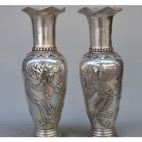 9 China Silver Auspicious Animal Flying Dragon Phoenix Head Statue Vase Pot Pair