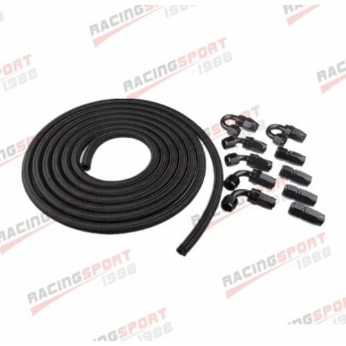 AN12 -12AN Nylon Braided Oil/Fuel Hose + Black Fitting Hose End Adaptor Kit