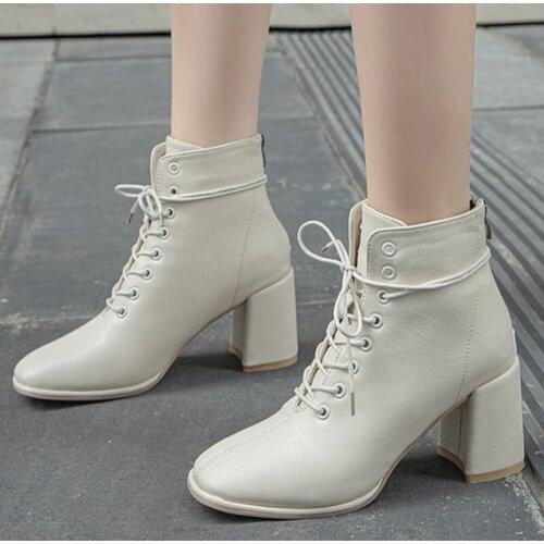 Womens Ankle Boots Square Heels Round Toe Pumps For Female Winter High Heels Non-slip Zipper Lace Up Modern Boots Fashion Shoes