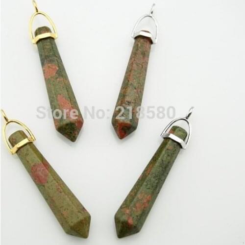 C02P02011 Reiki Chakra Healing Spiritual Pendulum Pendants Healing Stone Unakite Point Pendant with Gold or Silver Bail 55mm