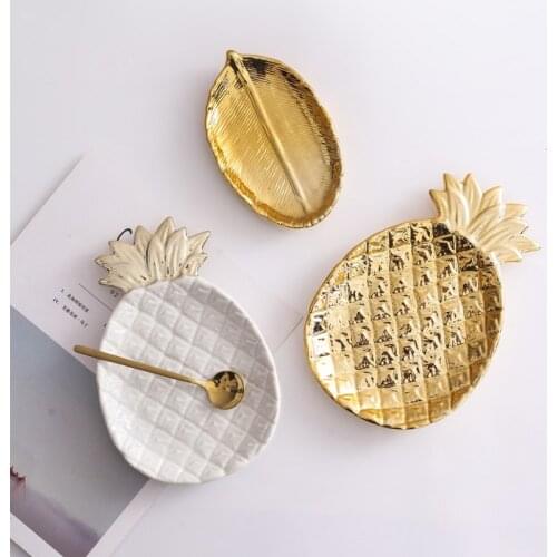 Decorative Gold Pineapple Leaf Ceramic Charger Plate Dish Porcelain Candy Trinket Dish Jewelry Storage Plate Crockery Tableware