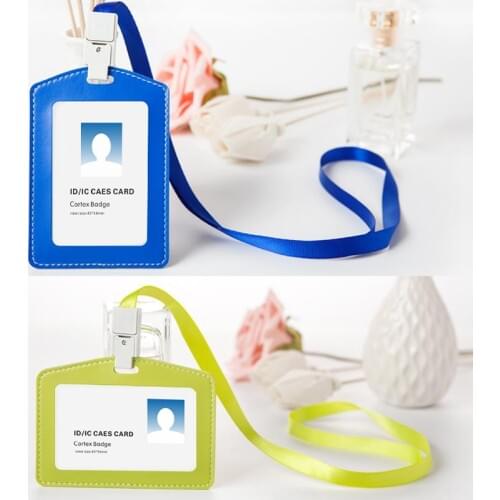 Handmade Soft PU Leather Card Holder with Original Lanyard for ID/Access/Bus/PassCard,Horizontal Vertical Optional