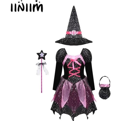 Kids Girls Halloween Witch Fancy Costume Sparkly Stars Printed Carnival Cosplay Dress with Pointed Hat Wand Dress Up Clothes