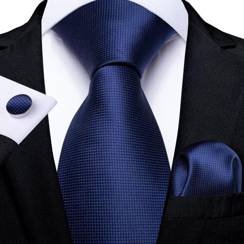 DiBanGu Mens Necktie Navy Blue Solid Designer Silk Wedding Tie For Men Necktie Hanky Cufflinks Tie Set Business Party MJ-326