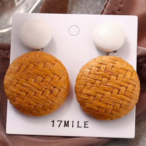 Ethnic Women Leopard Rattan Earrings Bohemian Style Wood Bamboo Rattan Geometric Round Earrings Ladies Jewelry серьги 2021 тренд