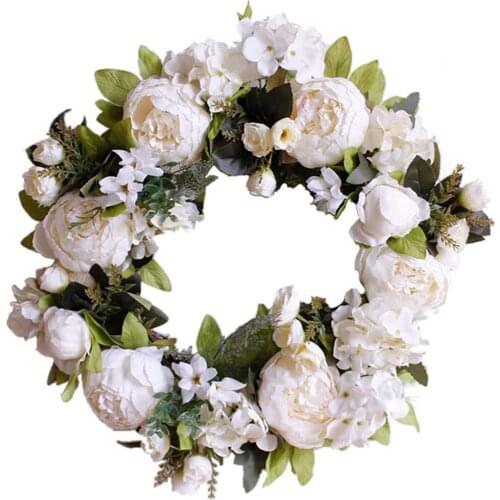 16 Inch Artificial Garlands Milky White Peony Hanging Wreath, Indoor Outdoor Front Door Window Wall Decoration