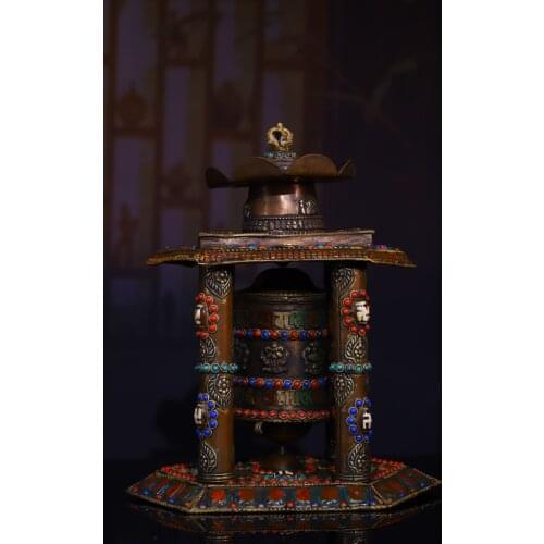 9"Chinese Folk Collection Old Bronze Tracing mosaic Gem Dzi Bead Prayer wheel Vajra pagoda Ornaments Town House Exorcism